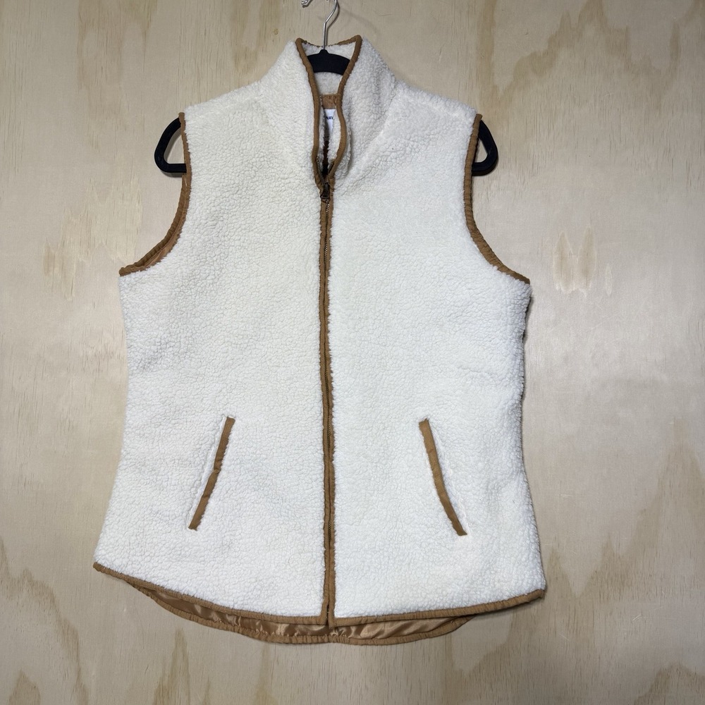 Old Navy Sherpa Fleece Vest Womens Large Cream Brown Full Zip Cozy Warm